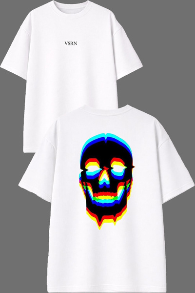 VSRN Tricou supradimensionat alb cu imprimeu față și spate cu design 3D cu cr...