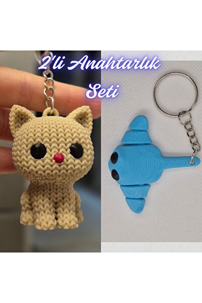 3DAtölyeMaker Cream Knitted Patterned Cat and Light Blue Flexible Stingray Ke...