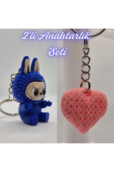 3DAtölyeMaker Blue Labubu and Light Pink Knitted Patterned Heart Keychain