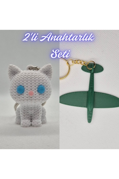 3DAtölyeMaker White Knitted Patterned Cat and Dark Green Airplane Keychain