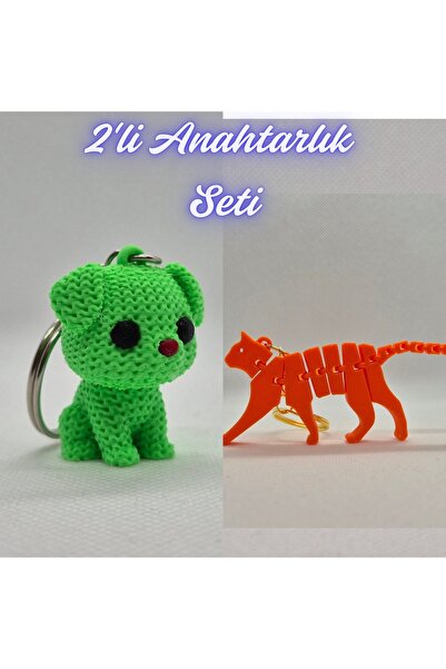 3DAtölyeMaker Light Green Knitted Patterned Dog and Orange Flexible Cat Keychain