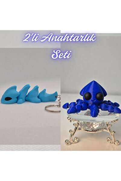 3DAtölyeMaker Light Blue Flexible Dragon and Blue Squid Keychain