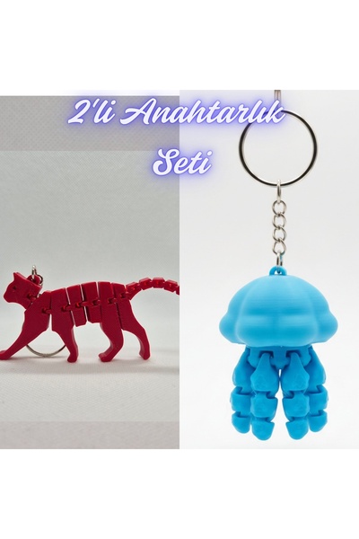 3DAtölyeMaker Fire Engine Red Flexible Cat and Light Blue Moving Jellyfish Ke...