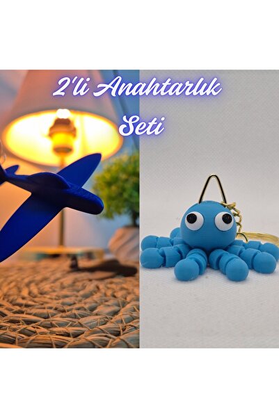 3DAtölyeMaker Blue Airplane and Light Blue Confused Octopus Keychain