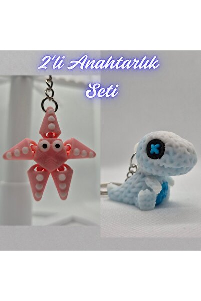 3DAtölyeMaker Pink Moving Starfish and White Knitted Pattern Moving Dino Keyc...