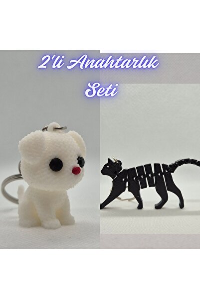 3DAtölyeMaker White Knitted Patterned Dog and Black Flexible Cat Keychain