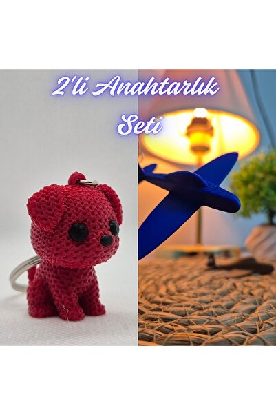 3DAtölyeMaker Fire Engine Red Knitted Patterned Dog and Blue Airplane Keychain
