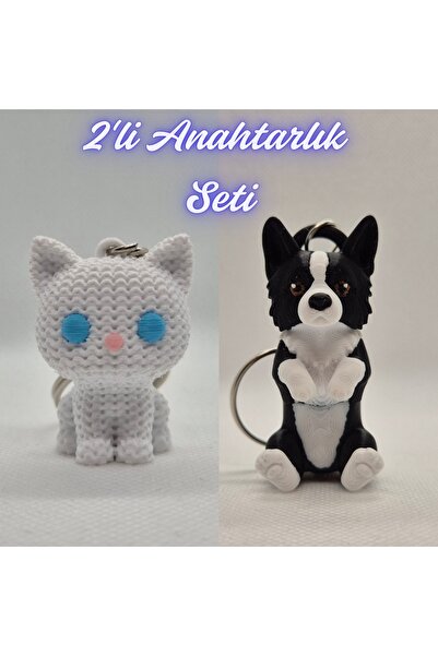 3DAtölyeMaker White Knitted Patterned Cat and Black Border Flexible Dog Keychain