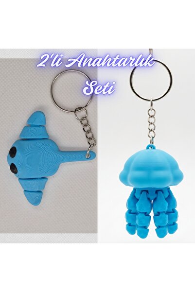 3DAtölyeMaker Light Blue Flexible Stingray and Light Blue Moving Jellyfish Ke...