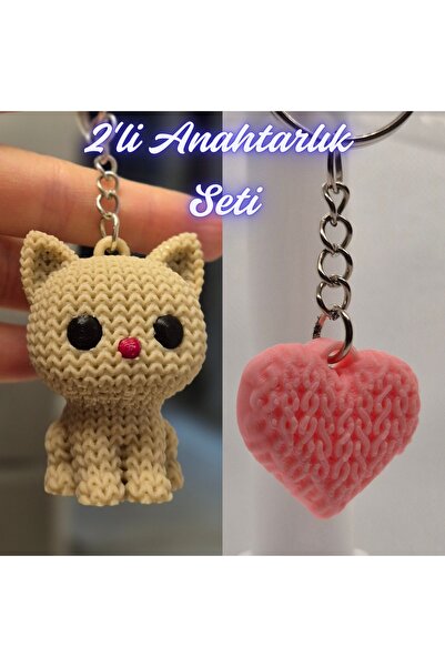 3DAtölyeMaker Cream Knitted Patterned Cat and Light Pink Knitted Patterned He...