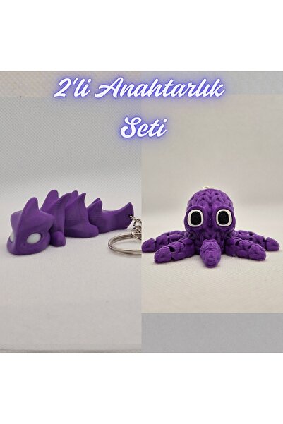 3DAtölyeMaker Purple Flexible Dragon and Purple Knitted Pattern Octopus Keychain