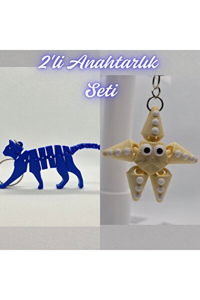 3DAtölyeMaker Blue Flexible Cat and Light Yellow Moving Starfish Keychain
