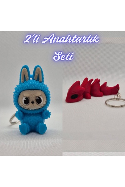 3DAtölyeMaker Light Blue Labubu and Fire Red Flexible Dragon Keychain
