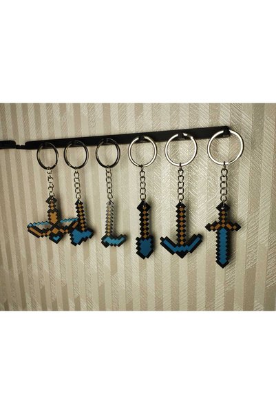 3D Layshop Set of 6 Pixel Design Diamond Weapon Keychains - Block Game Themed Gamer Bag Ornament