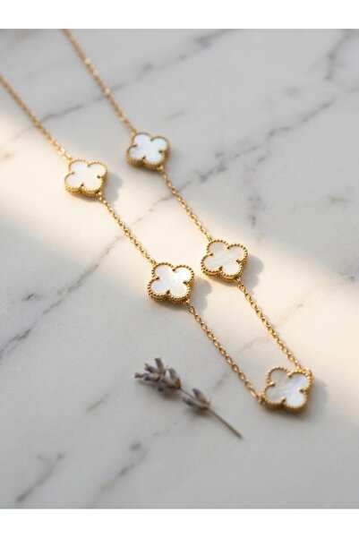Meneva Aksesuar White Enamel 5-Leaf Clover Gold Color Chain Stainless Steel N...