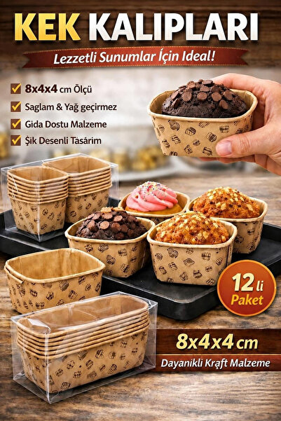 JASPER 12'li Dikdörtgen Küçük Boy Kraft Desenli Muffin Cupcake Kalıbı Kek Kap...