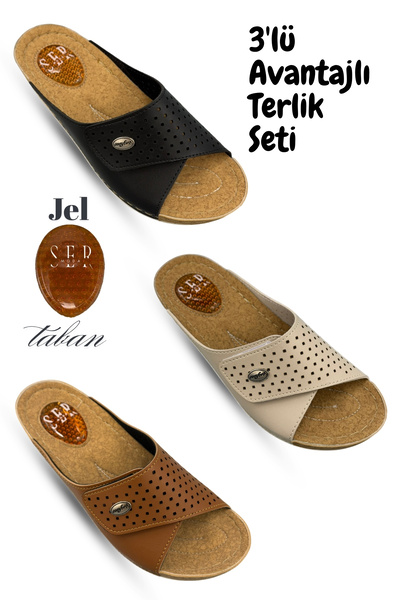 sermoda Set de 3 papuci de damă – Papuci de damă din piele cu velcro, cu supo...
