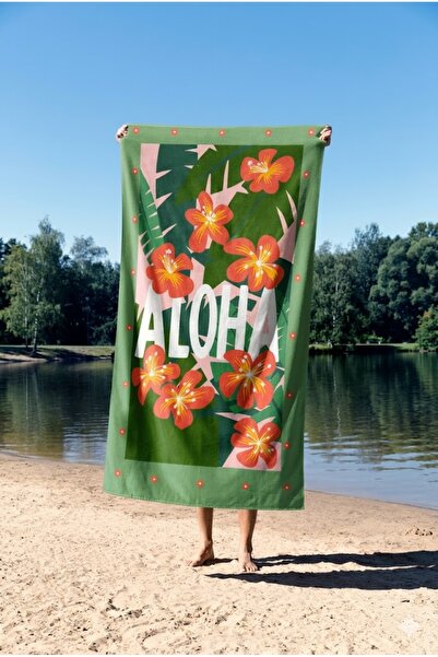 ASDİVA Green Tropical Leaf Patterned Aloha Written Beach Towel 75X150