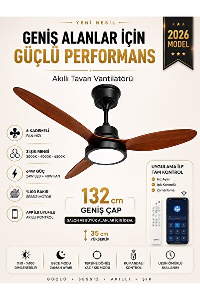 Kılıforyum 132 cm Akıllı Tavan Vantilatörü – Kumandalı & App Kontrollü – 6 Ka...