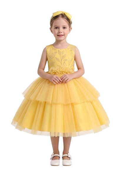 Bidani - Tiered Tulle Party Dress - Yellow, Pink - 5Y to 9Y