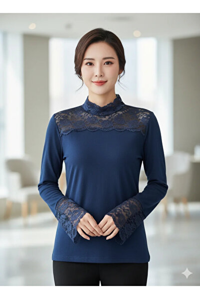 Serena Women's navy blue suit with Lace at the neck and sleeves
