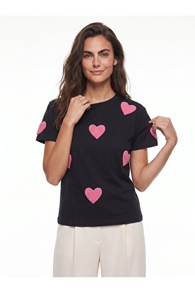 ONLOOX Black Cotton Crew Neck Short Sleeve Basic Knitted T-Shirt with Heart F...
