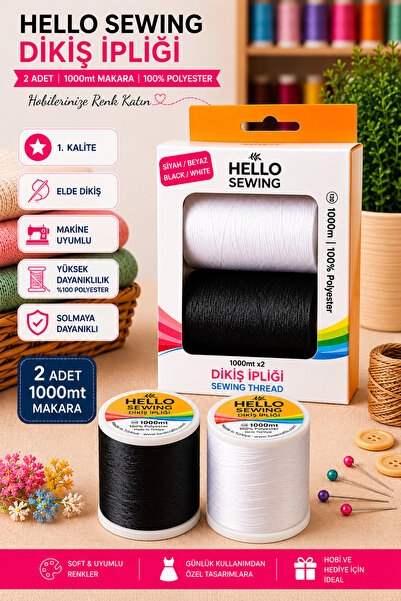 Hello Craft Hello Dikiş İpliği Seti - Birinci kalite Siyah Beyaz 2'li İplik Seti