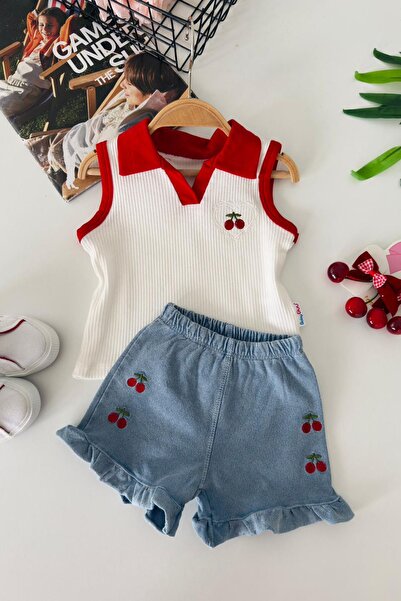 My Little One's Cherries Cherry Embroidery Detailed Baby Girl 2pcs Set - Red
