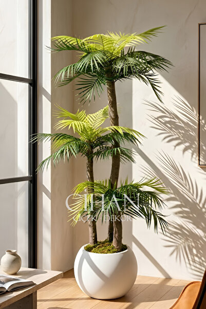 Cihan Çiçekçilik Premium Küre Saksılı 170 cm 3 Gövdeli Yapay Palmiye Ağacı