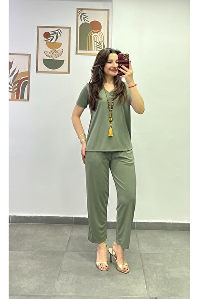 bydenizcollection V Yaka Kısa Kollu Pantolon Beli Lastikli İkili Takım