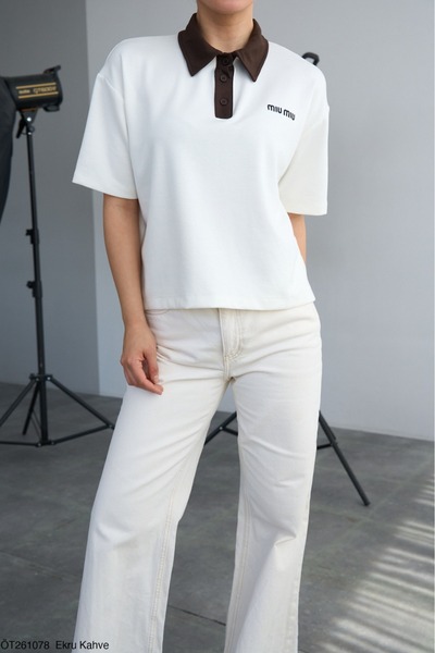 Lupies Women's Polo Collar Embroidered Cotton T-Shirt