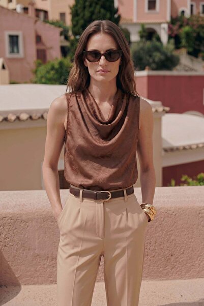 Sateen Degaje Collar Satin Blouse - Light Brown