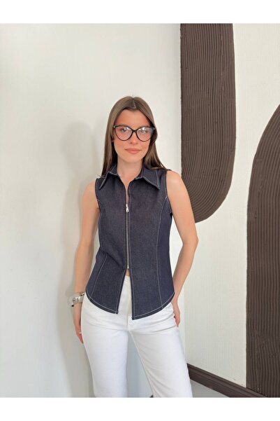 Ekim Store Μπλε ναυτικό τζιν γιλέκο με φερμουάρ