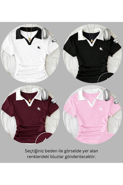 Gofeel 4-Piece Soul Colorful Polo Collar Embroidered Drawstring Blouse