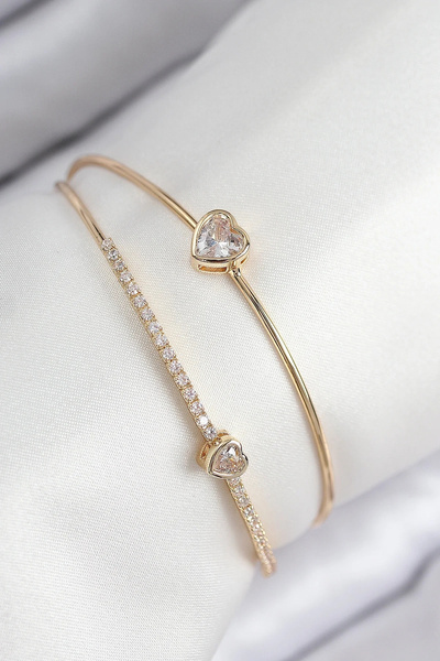 USLUCAN ALIŞVERİŞ Brass Zircon Stone Heart Model Gold Color Women's Bracelet