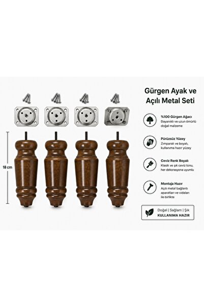 TURKISHRUG KINGDOM 4'lü Ahşap Torna Tombul Ayak 30 cm Gürgen Mobilya Ayağı Ko...
