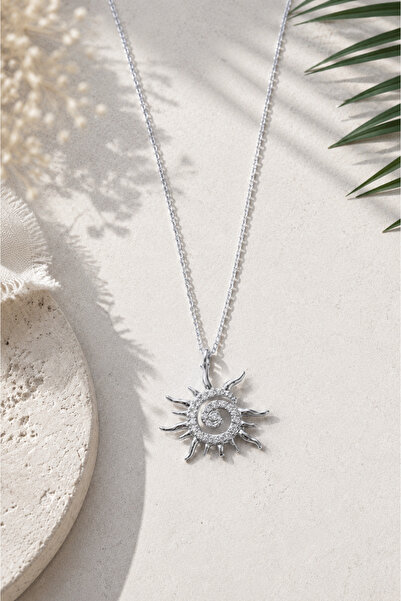 Sylvera Shop Solar Spiral Minimal Steel Necklace with Sun Figure (Silver Color)