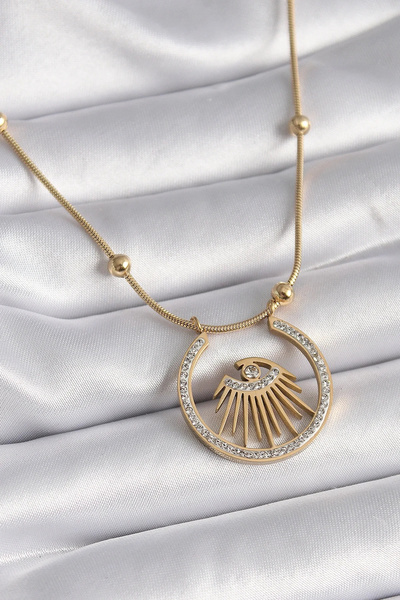 USLUCAN ALIŞVERİŞ 316L Steel Gold Color Zircon Stone Eye Model Women's Necklace