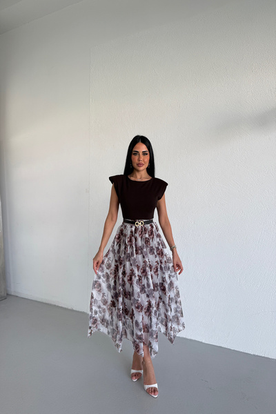 LİLA İSTANBUL Women's Belt Detailed Floral Patterned Invitation Dress