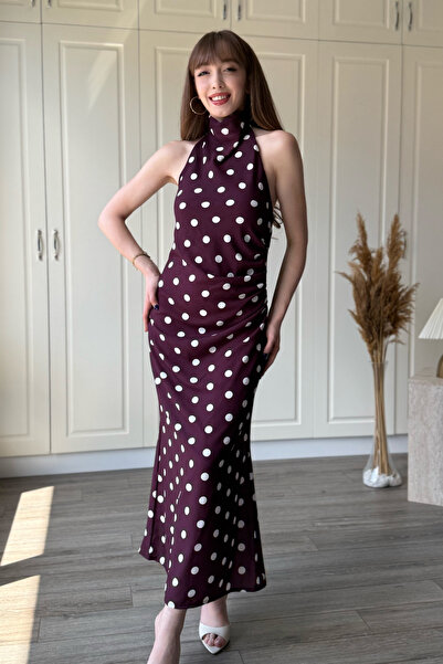 Dilay Gökoğlu Butik Rochie midi din satin cu imprimeu buline, cu detaliu la s...
