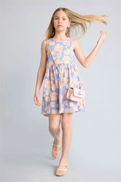 DeFacto 100% Cotton Floral Sleeveless Combed Cotton Blue Dress Girls H2700A826Hs