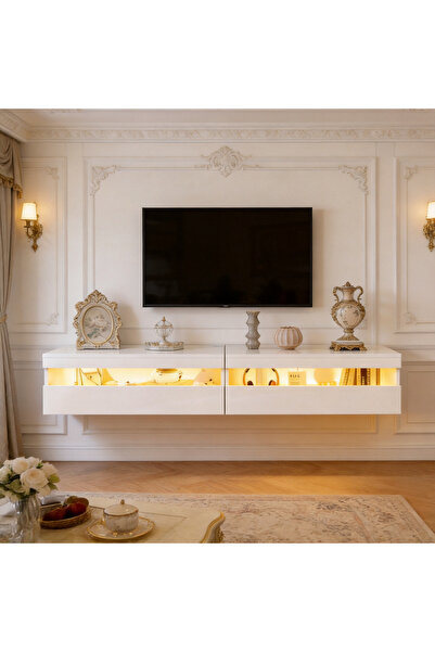 GoldenLike Wall Mounted TV Stand with RGB Light, 160cm Floating Media Console...