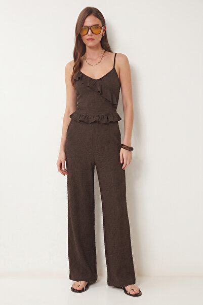 Lovelyİstanbul Flounced Blouse Trousers Crinkle Set Lfw0025 Brown