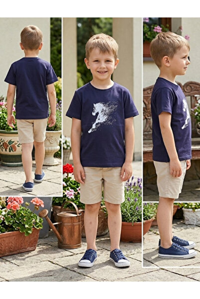 meyastore Boy's T-Shirt with Horse Illustration Print