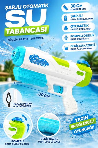 cayenna Şarjlı Otomatik Su Tabancası 30 cm Pompalı Özellikli Geniş Su Hazneli...