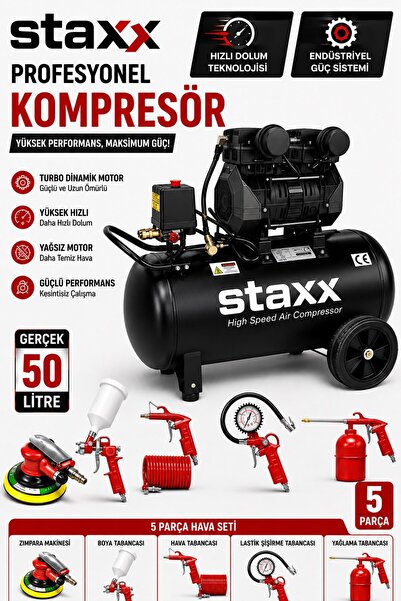 STAXX POWER 50 LT Güçlü SessizHava Kompresörü + 5 Parça Kompresör Seti + Hava...