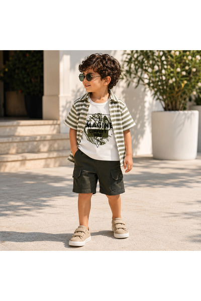 Bebelul 3-piece Top Bottom Set for boys, shirt, tank top and Bermuda shorts C...