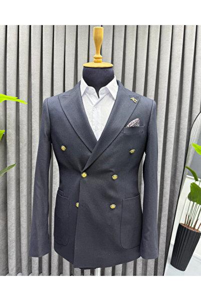 Avni Ceylan Gentleman Series Double-Breasted Jacket with Silver Button Detail