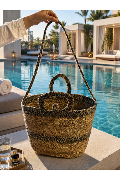 LUCKY CLOVER Wicker Beach Pool and Picnic Bag, Can Be Hanged on the Shoulder, Hard-Structured, Stylish Design, 45 cm