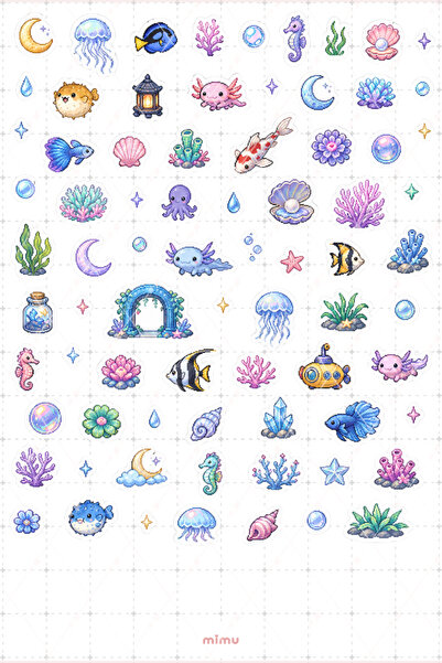 Mimu Art Studio Pixel Art Akvaryum Sticker Seti Balık ve Su Altı Temalı Dekor...
